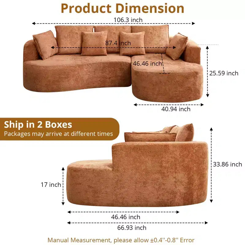 Canapé d'angle moderne et incurvé GustoWave 106 avec chaise longue, canapé-lit modulaire en tissu chenille, aucun assemblage requis