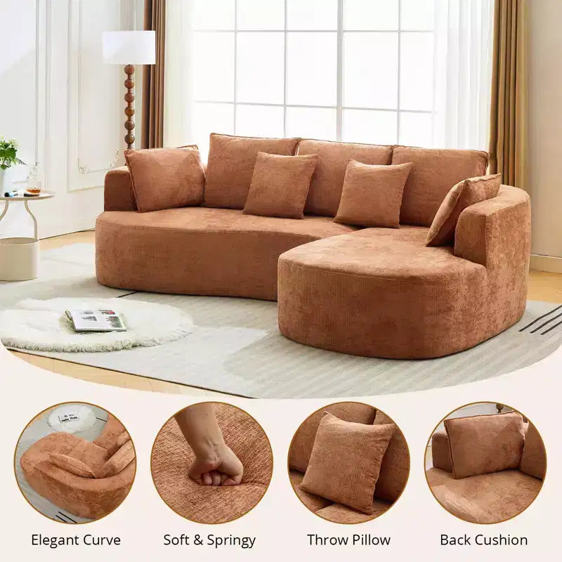 Canapé d'angle moderne et incurvé GustoWave 106 avec chaise longue, canapé-lit modulaire en tissu chenille, aucun assemblage requis