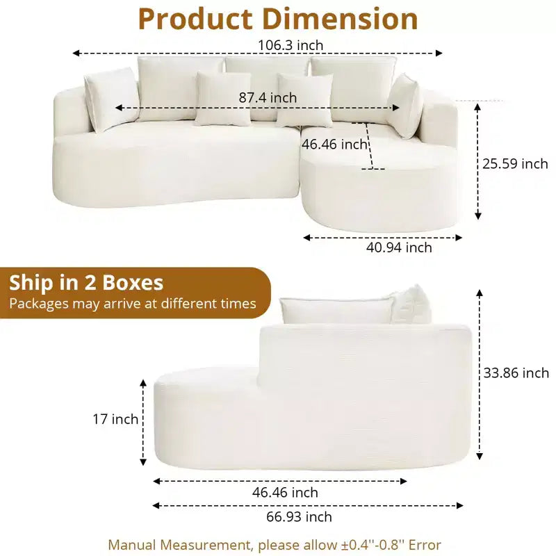 Canapé d'angle moderne et incurvé GustoWave 106 avec chaise longue, canapé-lit modulaire en tissu chenille, aucun assemblage requis