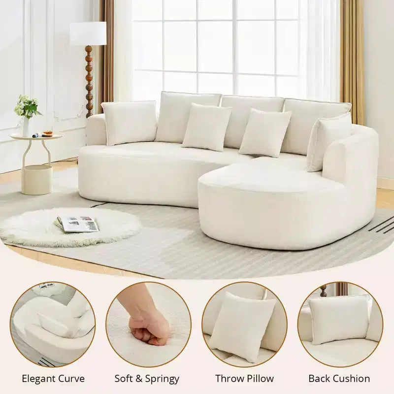 Canapé d'angle moderne et incurvé GustoWave 106 avec chaise longue, canapé-lit modulaire en tissu chenille, aucun assemblage requis