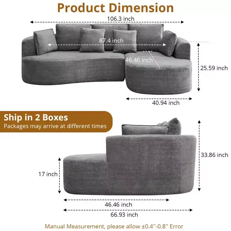 Canapé d'angle moderne et incurvé GustoWave 106 avec chaise longue, canapé-lit modulaire en tissu chenille, aucun assemblage requis