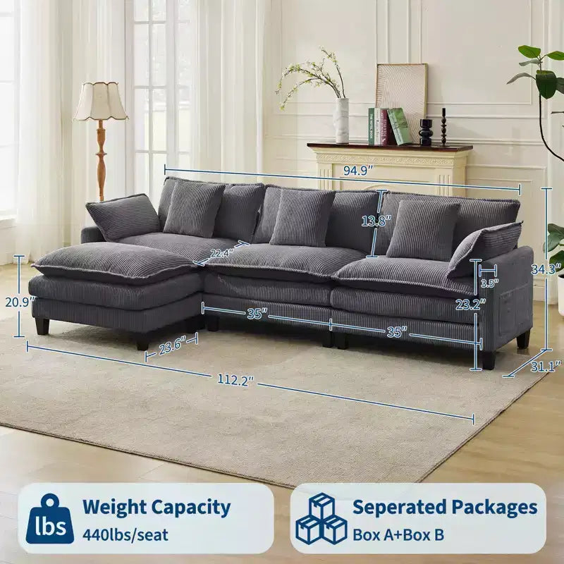Canapé sectionnel modulaire en U 4 places en tissu GustoWave 146, canapé sectionnel Cloud surdimensionné avec pouf et coussins décoratifs, assise profonde