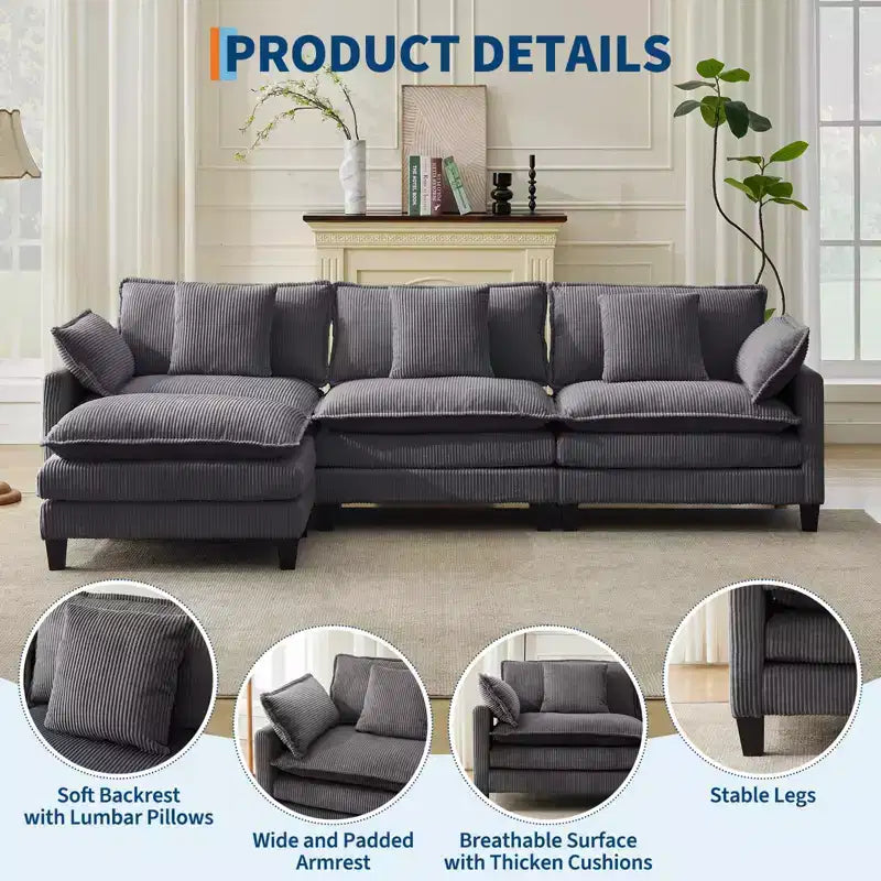 Canapé sectionnel modulaire en U 4 places en tissu GustoWave 146, canapé sectionnel Cloud surdimensionné avec pouf et coussins décoratifs, assise profonde