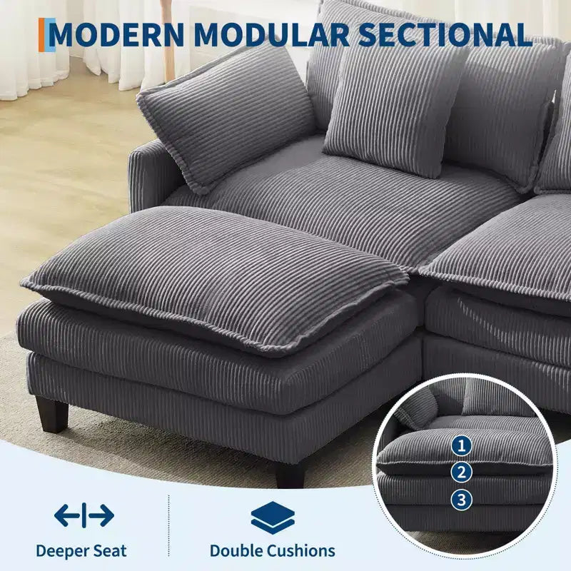 Canapé sectionnel modulaire en U 4 places en tissu GustoWave 146, canapé sectionnel Cloud surdimensionné avec pouf et coussins décoratifs, assise profonde