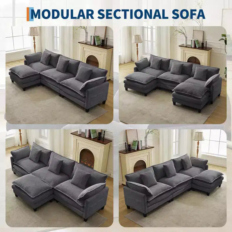 Canapé sectionnel modulaire en U 4 places en tissu GustoWave 146, canapé sectionnel Cloud surdimensionné avec pouf et coussins décoratifs, assise profonde
