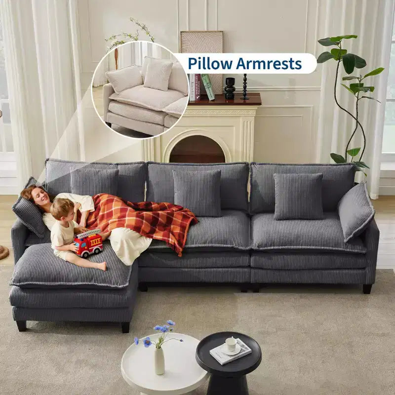 Canapé sectionnel modulaire en U 4 places en tissu GustoWave 146, canapé sectionnel Cloud surdimensionné avec pouf et coussins décoratifs, assise profonde