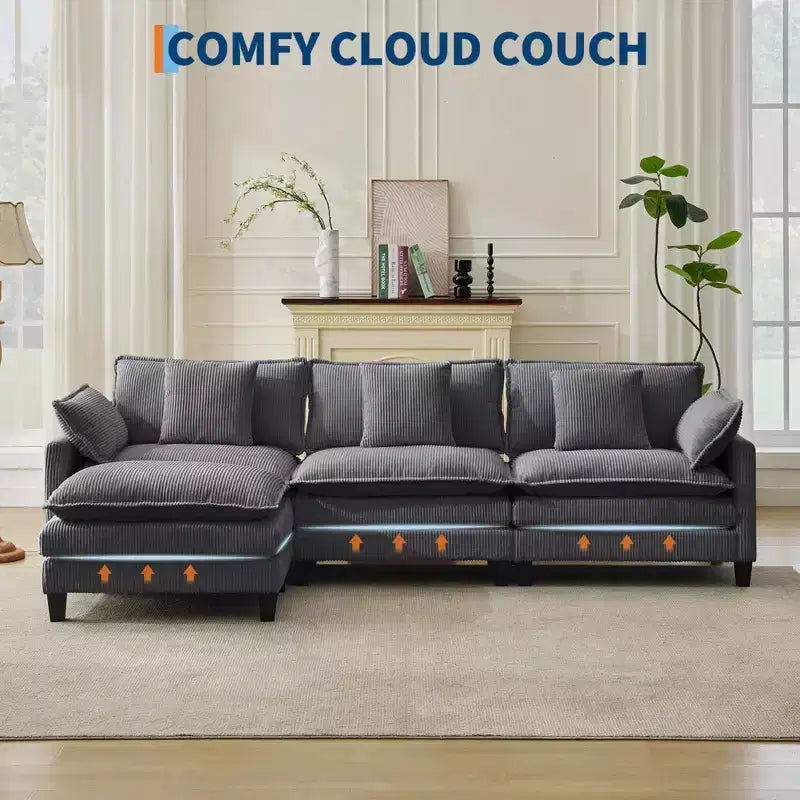 Canapé sectionnel modulaire en U 4 places en tissu GustoWave 146, canapé sectionnel Cloud surdimensionné avec pouf et coussins décoratifs, assise profonde