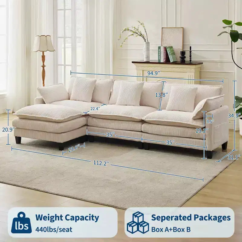 Canapé sectionnel modulaire en U 4 places en tissu GustoWave 146, canapé sectionnel Cloud surdimensionné avec pouf et coussins décoratifs, assise profonde