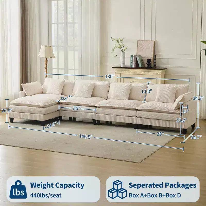 Canapé sectionnel modulaire en U 4 places en tissu GustoWave 146, canapé sectionnel Cloud surdimensionné avec pouf et coussins décoratifs, assise profonde