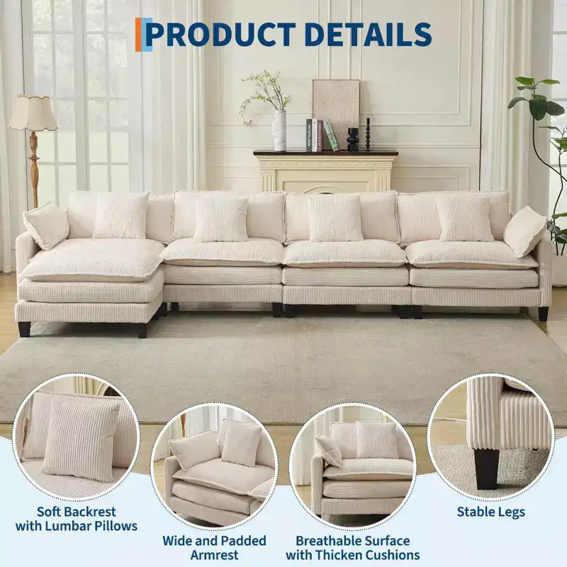 Canapé sectionnel modulaire en U 4 places en tissu GustoWave 146, canapé sectionnel Cloud surdimensionné avec pouf et coussins décoratifs, assise profonde