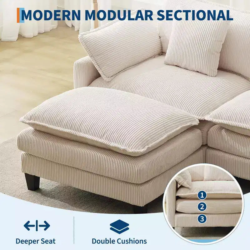 Canapé sectionnel modulaire en U 4 places en tissu GustoWave 146, canapé sectionnel Cloud surdimensionné avec pouf et coussins décoratifs, assise profonde