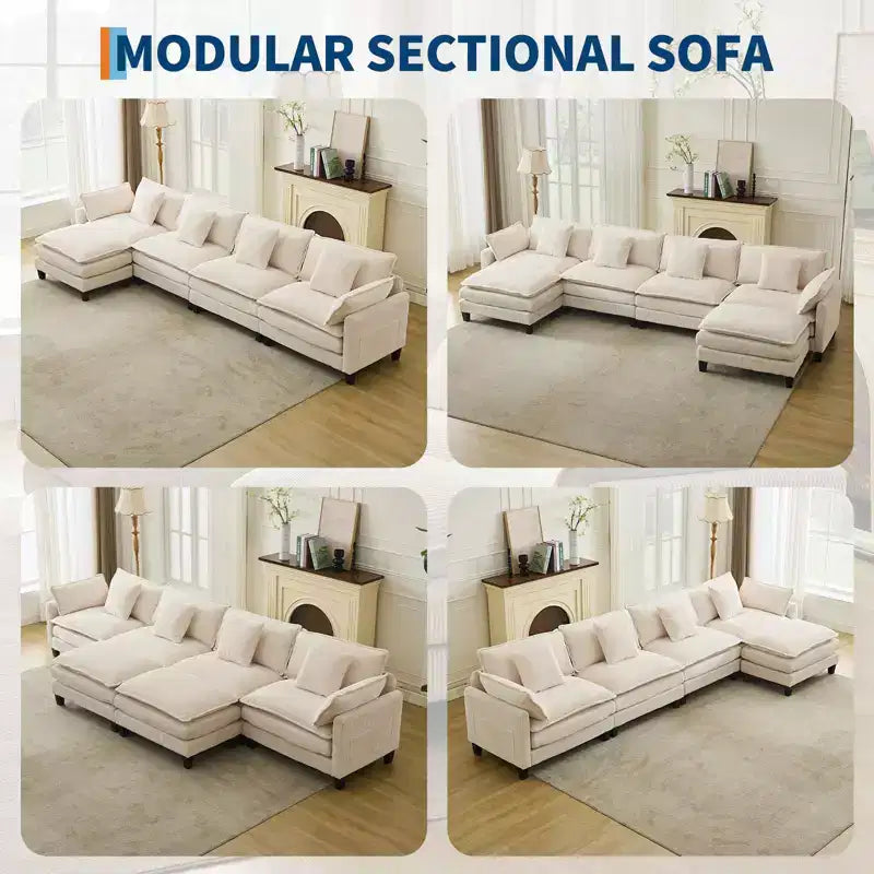Canapé sectionnel modulaire en U 4 places en tissu GustoWave 146, canapé sectionnel Cloud surdimensionné avec pouf et coussins décoratifs, assise profonde