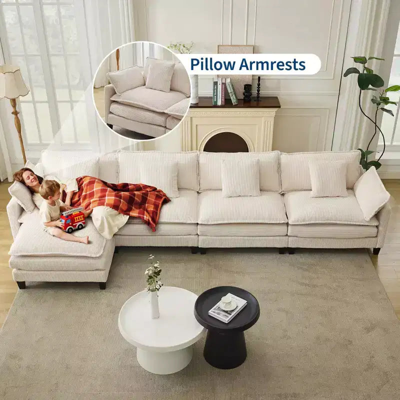 Canapé sectionnel modulaire en U 4 places en tissu GustoWave 146, canapé sectionnel Cloud surdimensionné avec pouf et coussins décoratifs, assise profonde