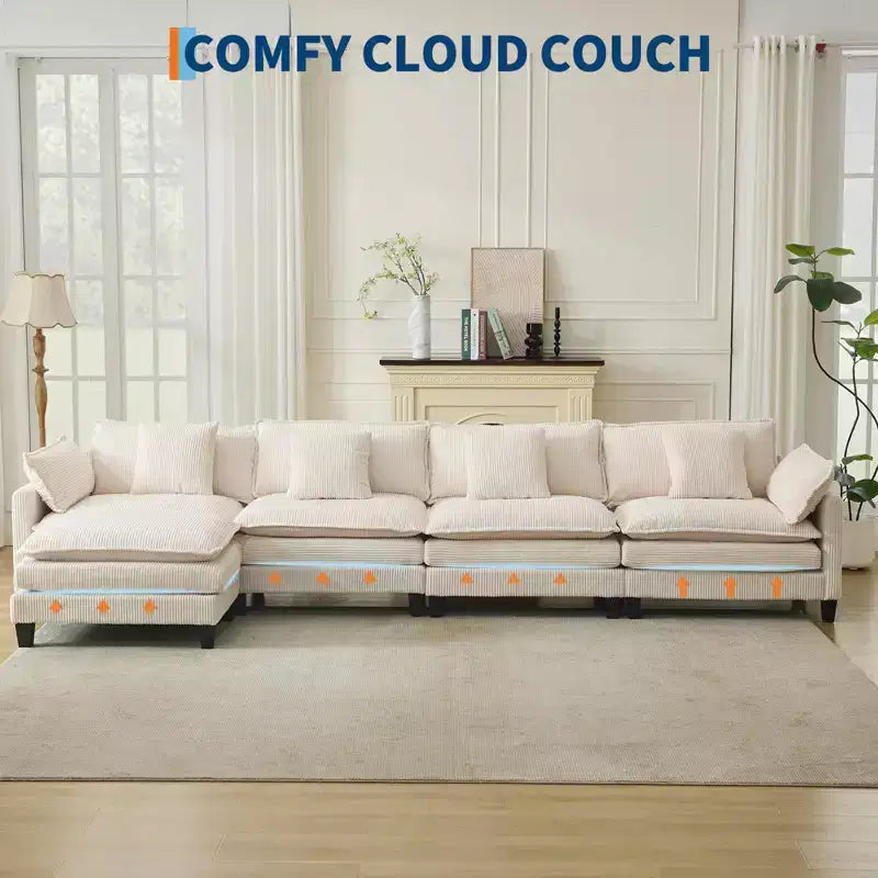 Canapé sectionnel modulaire en U 4 places en tissu GustoWave 146, canapé sectionnel Cloud surdimensionné avec pouf et coussins décoratifs, assise profonde