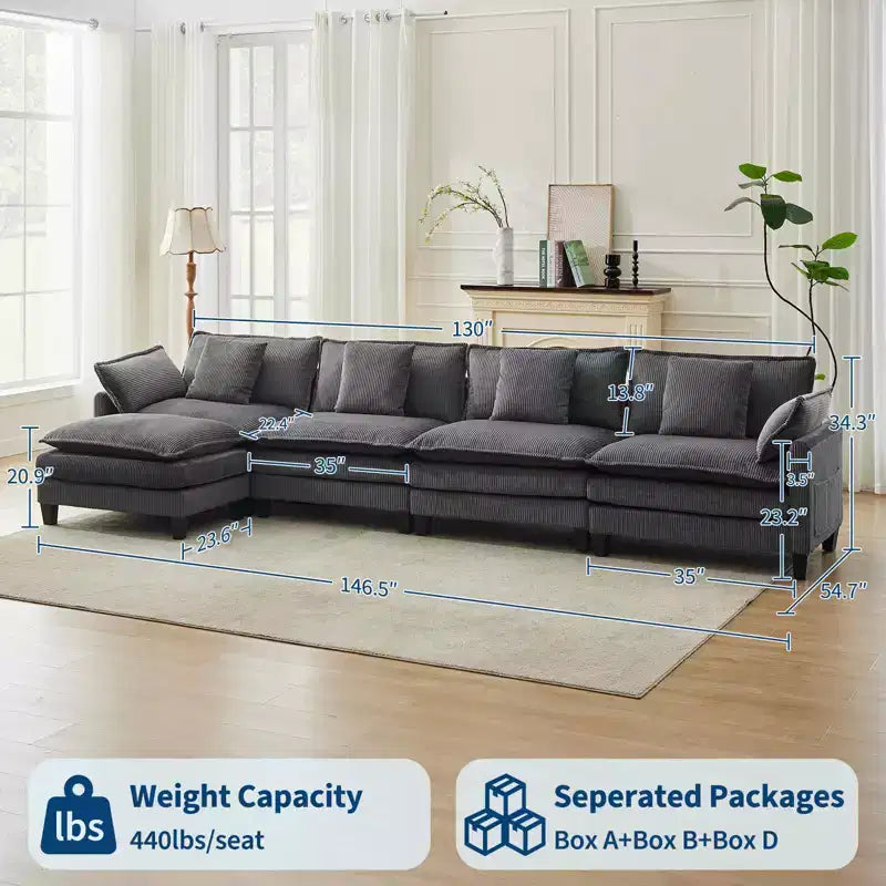 Canapé sectionnel modulaire en U 4 places en tissu GustoWave 146, canapé sectionnel Cloud surdimensionné avec pouf et coussins décoratifs, assise profonde
