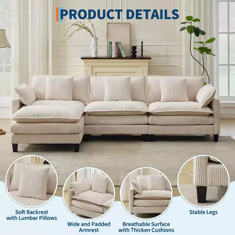 Canapé sectionnel modulaire en U 4 places en tissu GustoWave 146, canapé sectionnel Cloud surdimensionné avec pouf et coussins décoratifs, assise profonde