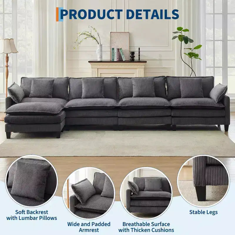 Canapé sectionnel modulaire en U 4 places en tissu GustoWave 146, canapé sectionnel Cloud surdimensionné avec pouf et coussins décoratifs, assise profonde