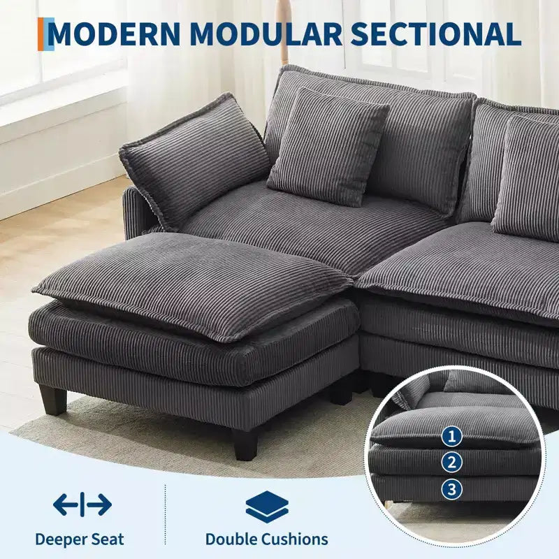 Canapé sectionnel modulaire en U 4 places en tissu GustoWave 146, canapé sectionnel Cloud surdimensionné avec pouf et coussins décoratifs, assise profonde