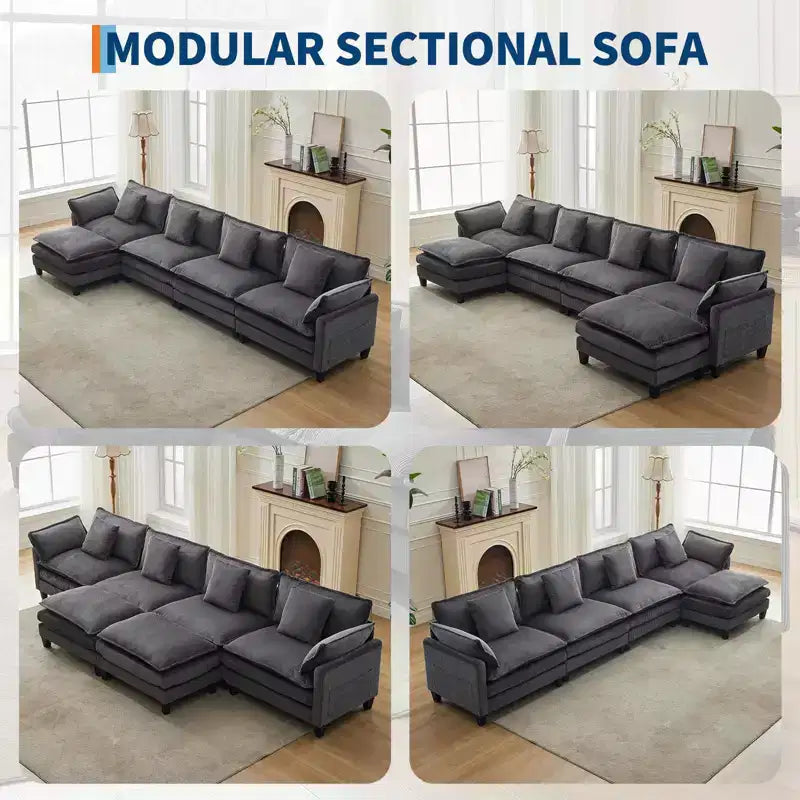 Canapé sectionnel modulaire en U 4 places en tissu GustoWave 146, canapé sectionnel Cloud surdimensionné avec pouf et coussins décoratifs, assise profonde