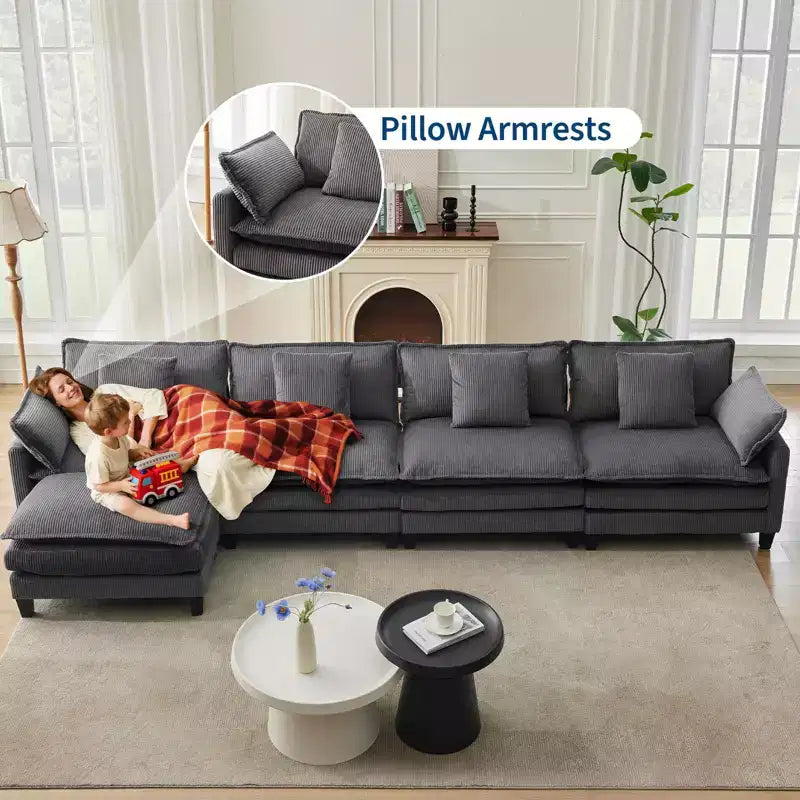 Canapé sectionnel modulaire en U 4 places en tissu GustoWave 146, canapé sectionnel Cloud surdimensionné avec pouf et coussins décoratifs, assise profonde