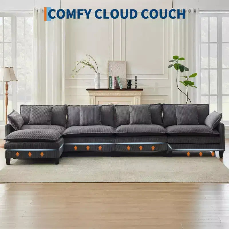 Canapé sectionnel modulaire en U 4 places en tissu GustoWave 146, canapé sectionnel Cloud surdimensionné avec pouf et coussins décoratifs, assise profonde