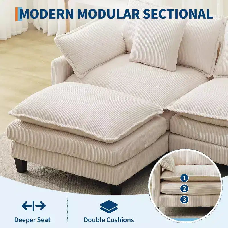 Canapé sectionnel modulaire en U 4 places en tissu GustoWave 146, canapé sectionnel Cloud surdimensionné avec pouf et coussins décoratifs, assise profonde