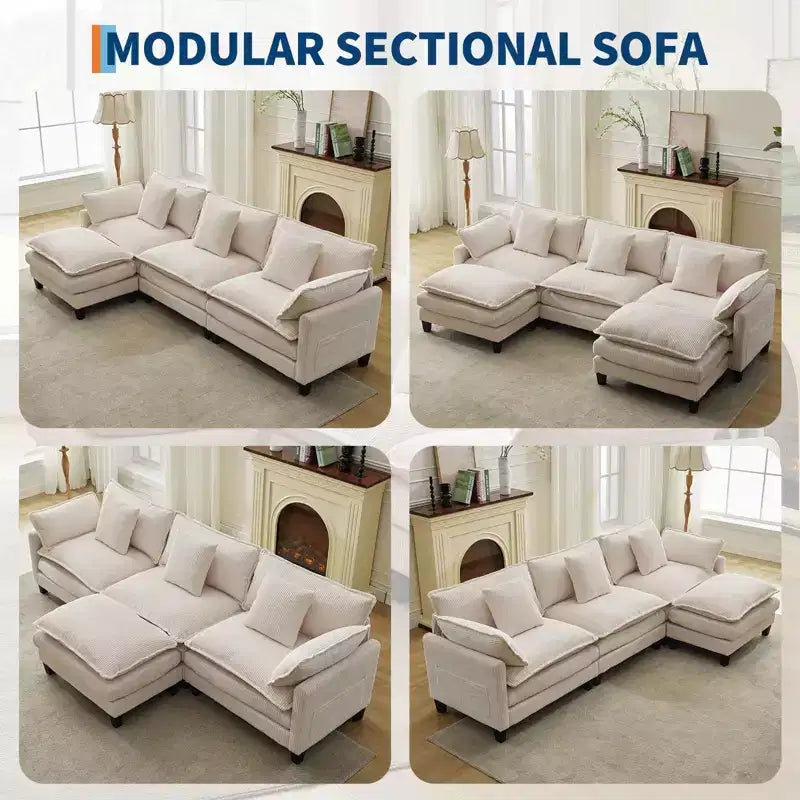 Canapé sectionnel modulaire en U 4 places en tissu GustoWave 146, canapé sectionnel Cloud surdimensionné avec pouf et coussins décoratifs, assise profonde