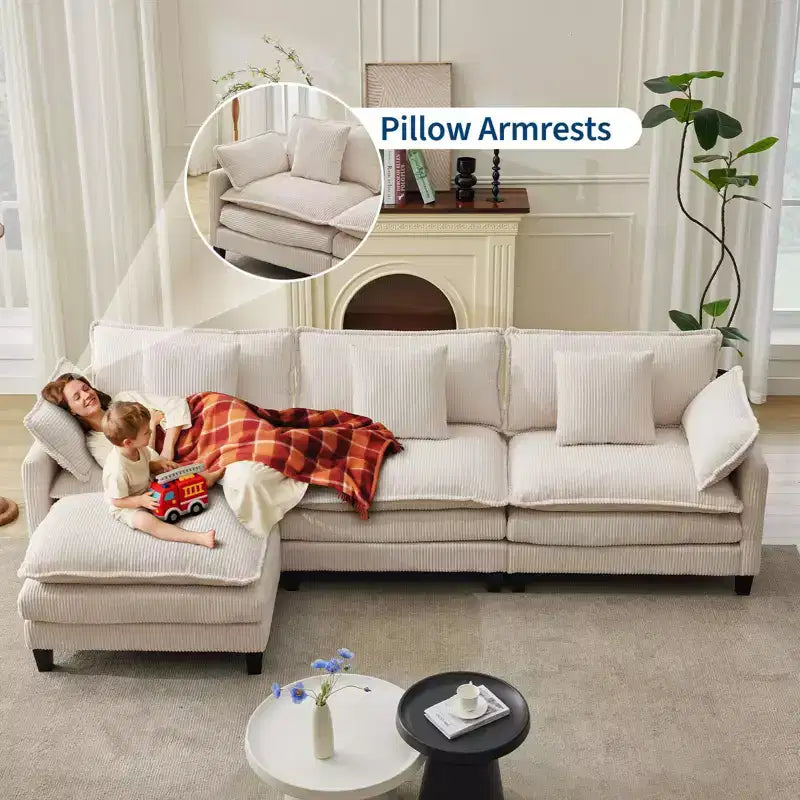 Canapé sectionnel modulaire en U 4 places en tissu GustoWave 146, canapé sectionnel Cloud surdimensionné avec pouf et coussins décoratifs, assise profonde