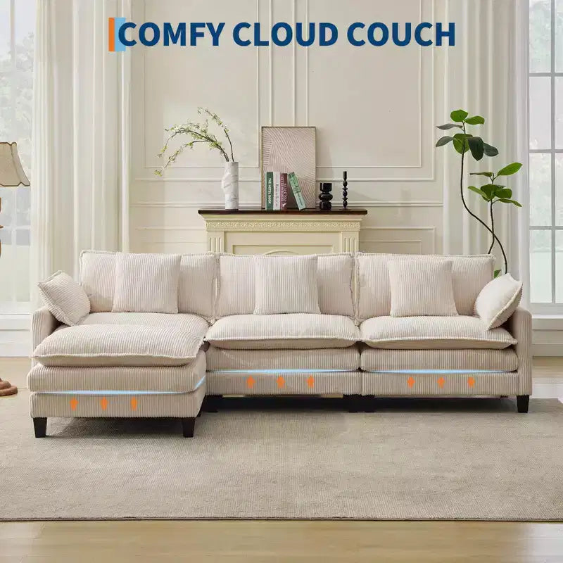 Canapé sectionnel modulaire en U 4 places en tissu GustoWave 146, canapé sectionnel Cloud surdimensionné avec pouf et coussins décoratifs, assise profonde