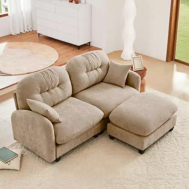 Canapé d'angle et pouf Cloud - Chenille moelleuse, mousse haute densité capitonnée, canapé d'angle compact pour salon