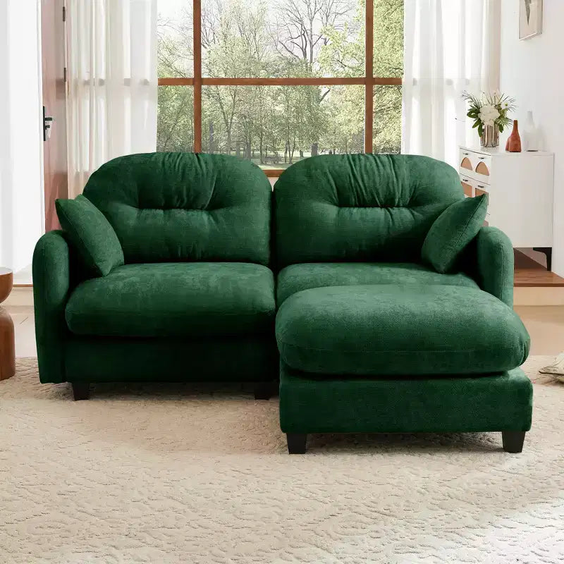 Canapé d'angle et pouf Cloud - Chenille moelleuse, mousse haute densité capitonnée, canapé d'angle compact pour salon