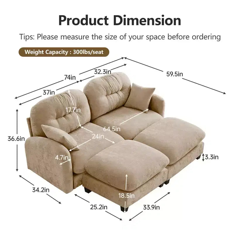 Canapé d'angle en chenille "Cloud" - Mousse haute densité capitonnée, accoudoirs ergonomiques, parfait pour une chambre ou un petit salon