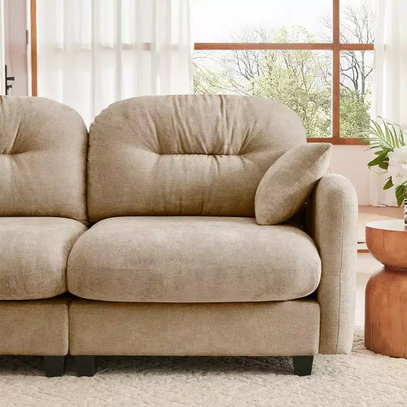 Canapé d'angle en chenille "Cloud" - Mousse haute densité capitonnée, accoudoirs ergonomiques, parfait pour une chambre ou un petit salon