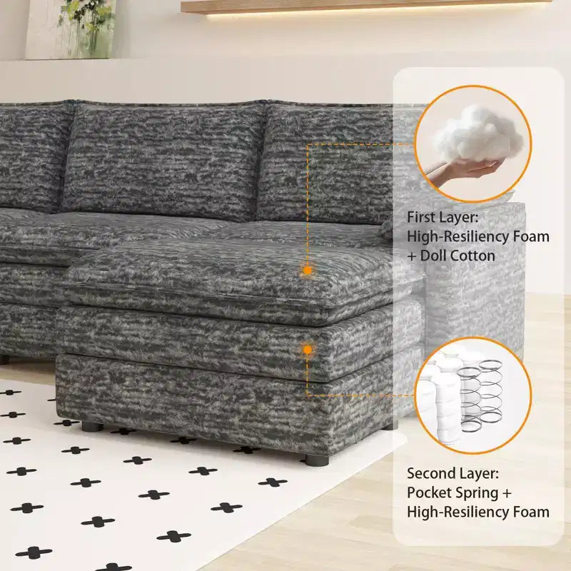 Canapé modulable 108 XL, sectionnel moderne en chenille à assise profonde, canapé en forme de L, canapé modulable pour 4 personnes avec pouf mobile