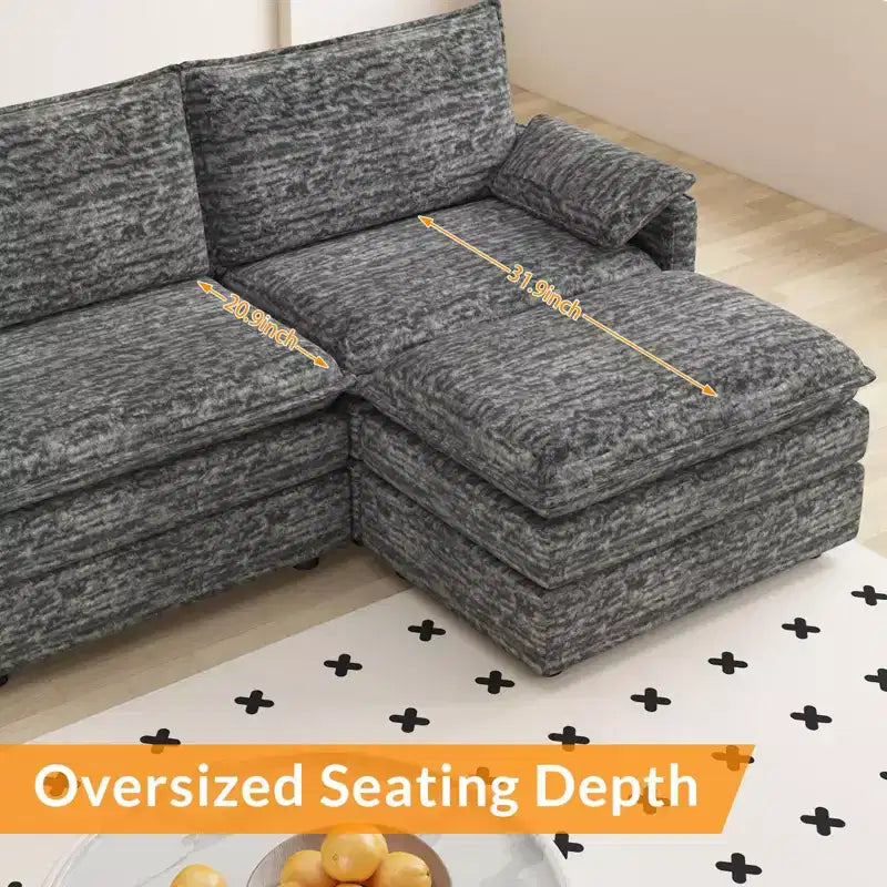 Canapé modulable 108 XL, sectionnel moderne en chenille à assise profonde, canapé en forme de L, canapé modulable pour 4 personnes avec pouf mobile