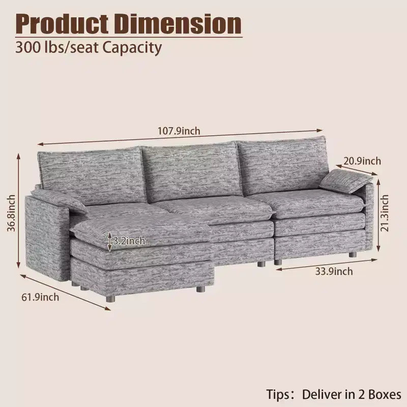 Canapé modulable 108 XL, sectionnel moderne en chenille à assise profonde, canapé en forme de L, canapé modulable pour 4 personnes avec pouf mobile