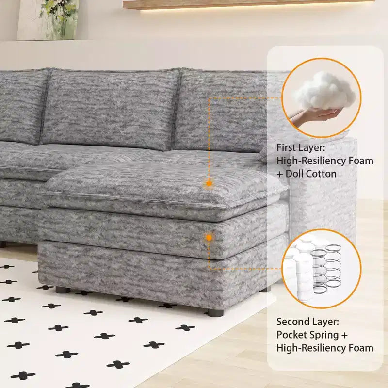 Canapé modulable 108 XL, sectionnel moderne en chenille à assise profonde, canapé en forme de L, canapé modulable pour 4 personnes avec pouf mobile