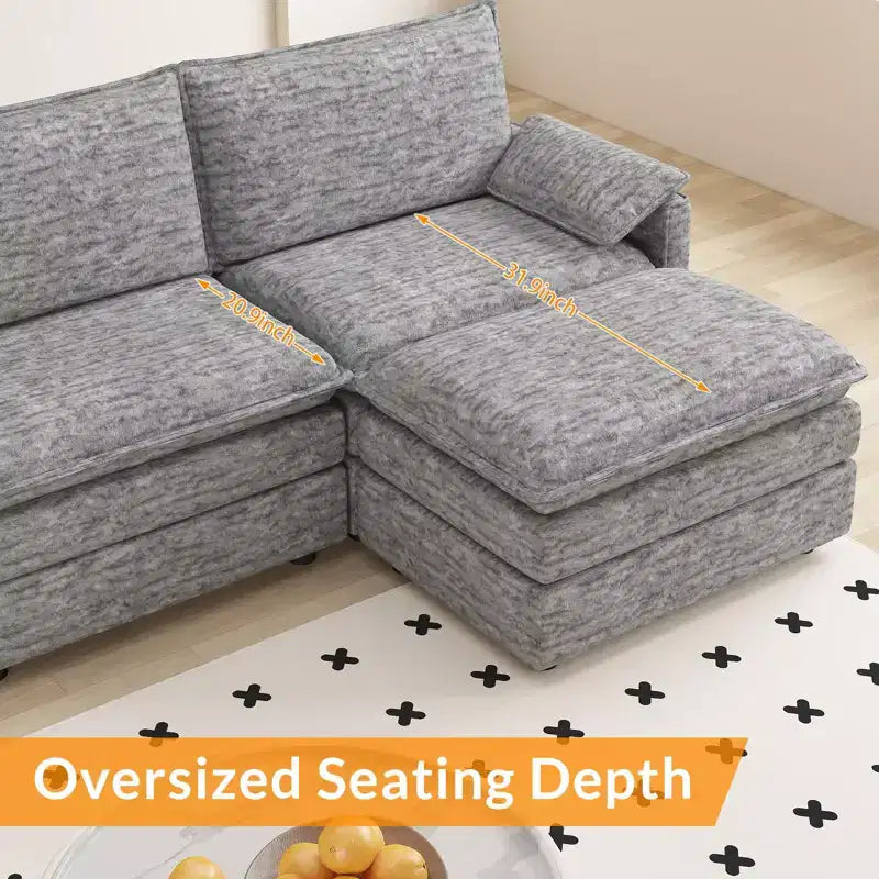 Canapé modulable 108 XL, sectionnel moderne en chenille à assise profonde, canapé en forme de L, canapé modulable pour 4 personnes avec pouf mobile