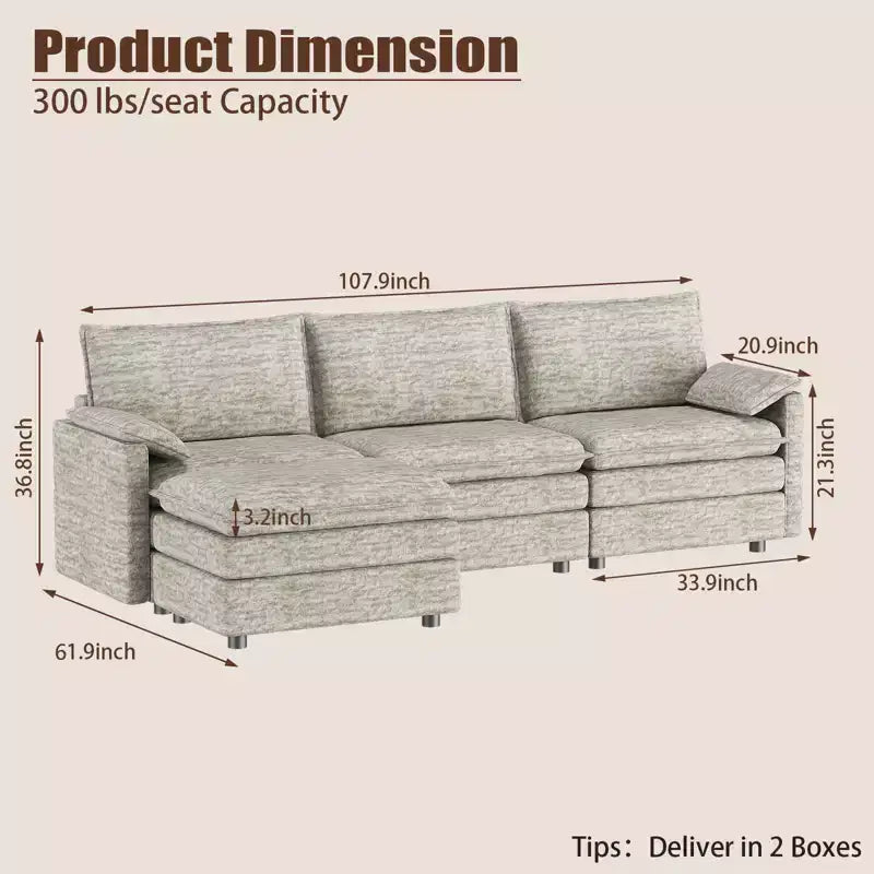 Canapé modulable 108 XL, sectionnel moderne en chenille à assise profonde, canapé en forme de L, canapé modulable pour 4 personnes avec pouf mobile