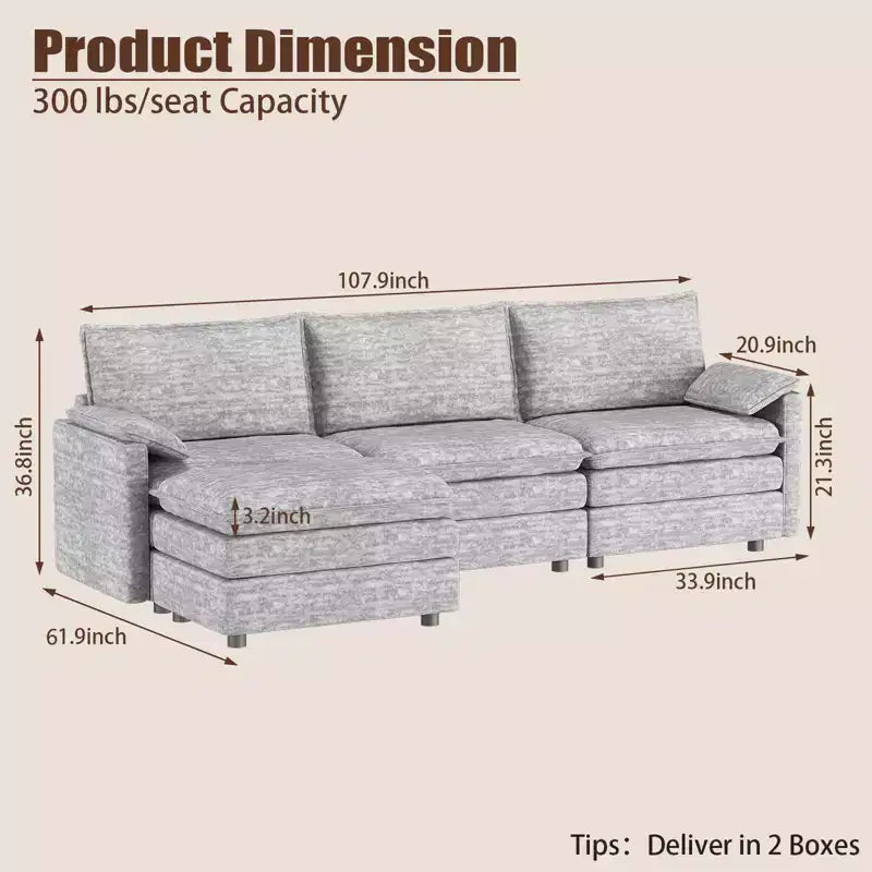 Canapé modulable 108 XL, sectionnel moderne en chenille à assise profonde, canapé en forme de L, canapé modulable pour 4 personnes avec pouf mobile