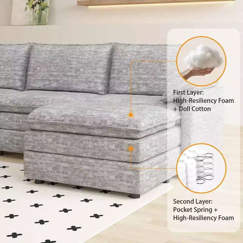 Canapé modulable 108 XL, sectionnel moderne en chenille à assise profonde, canapé en forme de L, canapé modulable pour 4 personnes avec pouf mobile