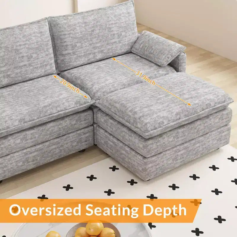 Canapé modulable 108 XL, sectionnel moderne en chenille à assise profonde, canapé en forme de L, canapé modulable pour 4 personnes avec pouf mobile