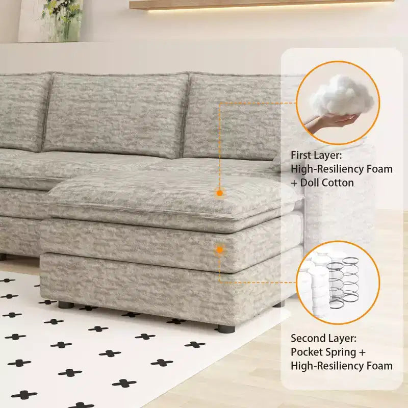 Canapé modulable 108 XL, sectionnel moderne en chenille à assise profonde, canapé en forme de L, canapé modulable pour 4 personnes avec pouf mobile