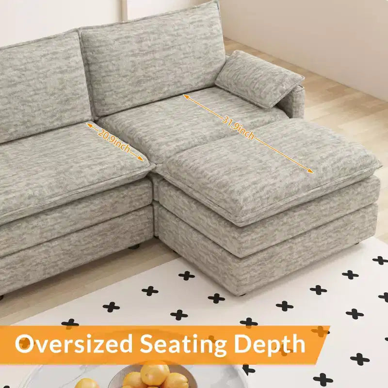 Canapé modulable 108 XL, sectionnel moderne en chenille à assise profonde, canapé en forme de L, canapé modulable pour 4 personnes avec pouf mobile