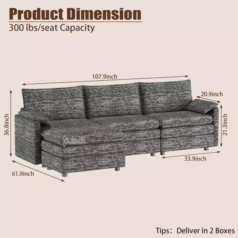 Canapé modulable 108 XL, sectionnel moderne en chenille à assise profonde, canapé en forme de L, canapé modulable pour 4 personnes avec pouf mobile