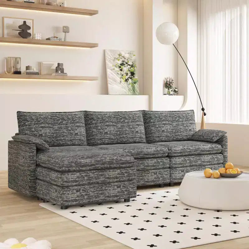 Canapé modulable 108 XL, sectionnel moderne en chenille à assise profonde, canapé en forme de L, canapé modulable pour 4 personnes avec pouf mobile