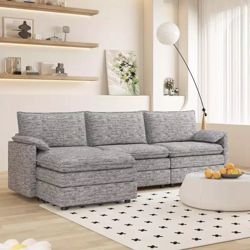 Canapé modulable 108 XL, sectionnel moderne en chenille à assise profonde, canapé en forme de L, canapé modulable pour 4 personnes avec pouf mobile