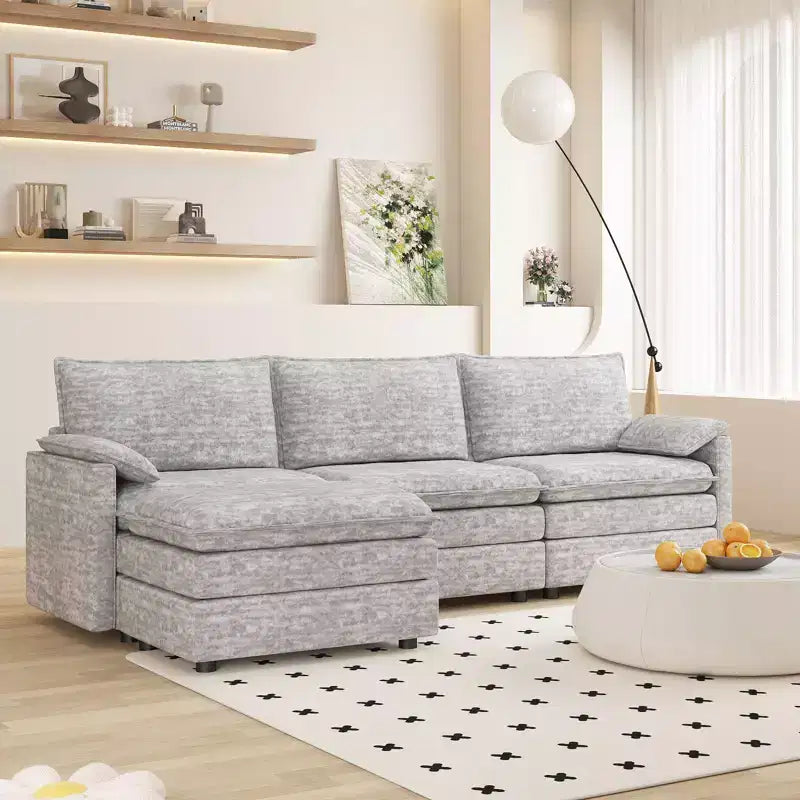Canapé modulable 108 XL, sectionnel moderne en chenille à assise profonde, canapé en forme de L, canapé modulable pour 4 personnes avec pouf mobile