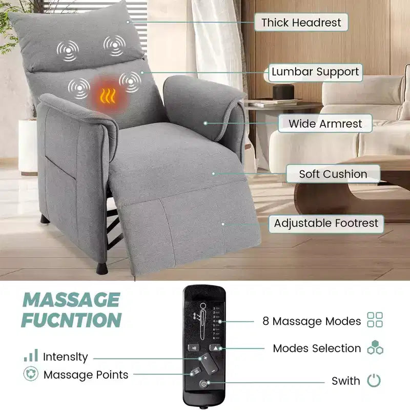 Fauteuil inclinable électrique avec massage et chauffage, fauteuil inclinable individuel réglable, fauteuil de cinéma maison pour salon/bureau
