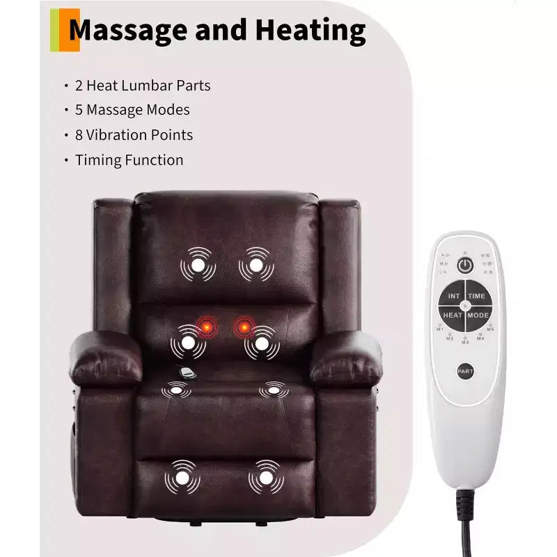 Fauteuil inclinable électrique surdimensionné avec fonction de levage - Chauffage et massage, fauteuil inclinable électrique en cuir PU pour personnes âgées et à mobilité réduite, fauteuil releveur robuste
